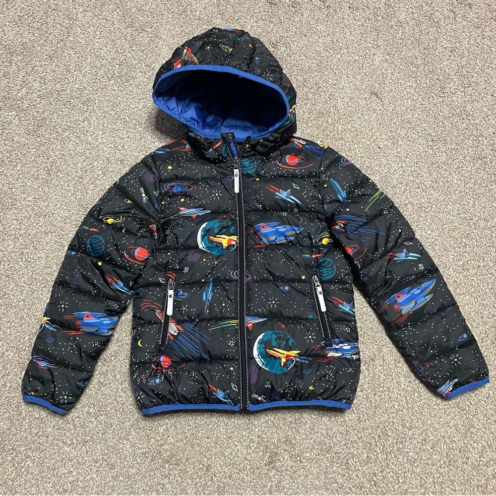 Boy’s Hanna Andersson Space Theme Hooded Puffer Jacket Size 6/7